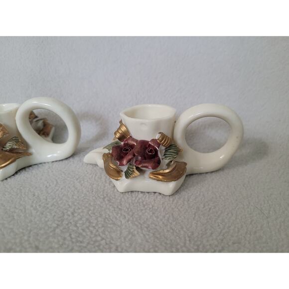 Set 2 Fall Maple Leaf Candle Stick Holder Roses Vintage Ceramic - Picture 11 of 11